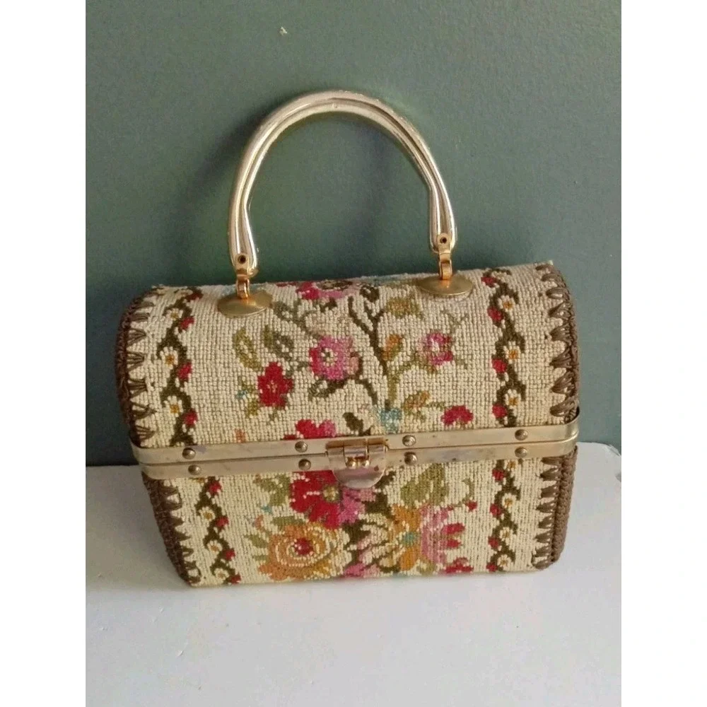 Vintage Floral Tapestry Box Handbag Purse Top Handle Unique Cottagecore Bag‎